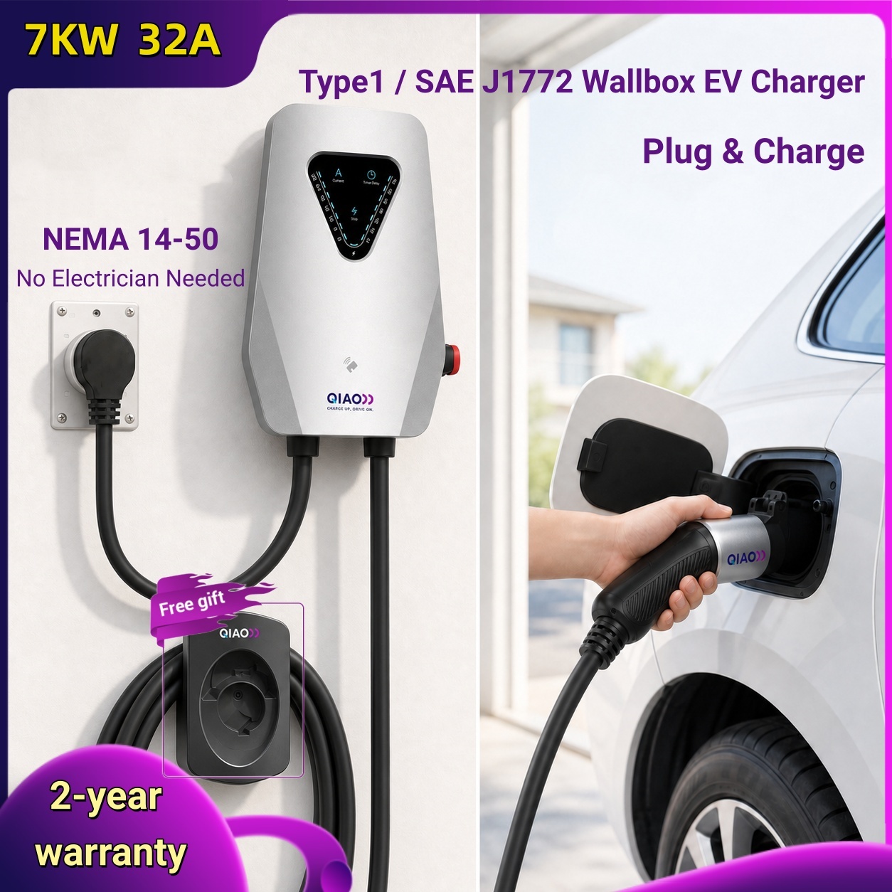 J1772 Evse 32A Level 2 Charger - เครื่องชาร์จรถยนต์ไฟฟ้าแบบติดผนัง 7KW 32A Type1 SAE J1772